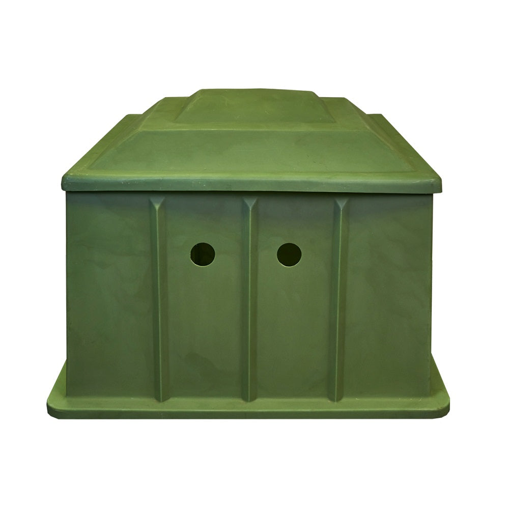 Green plastic pump and filter box with ribbed sides, two circular inlet holes, fitted lid and wide base, 900x900x700mm