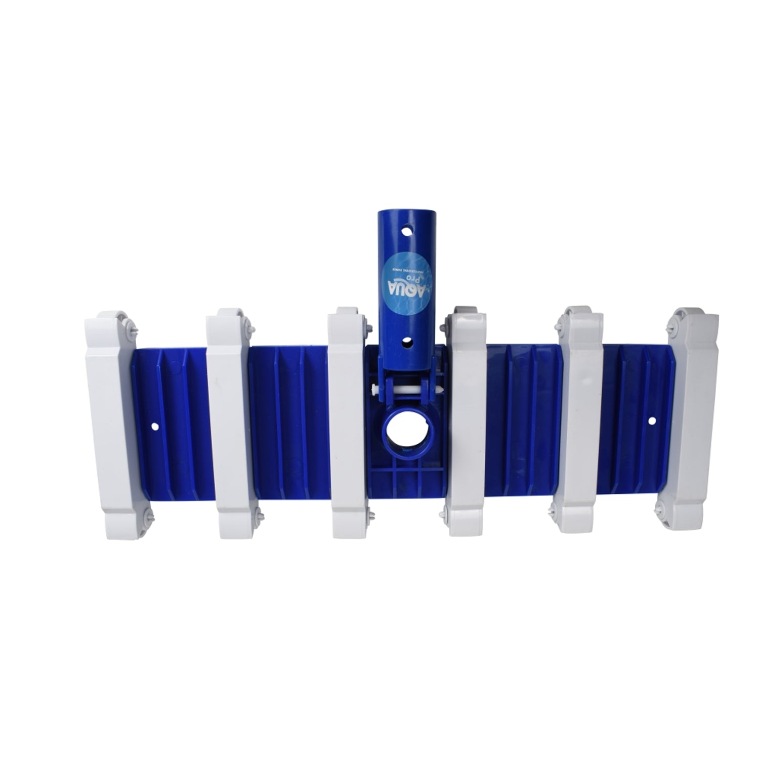 Aqua Pro 12-wheeler pool vacuum sweeper head in blue and grey plastic with central pole connector and circular hose fitting