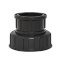 Black plastic pump half union fitting with ribbed knurled locking ring and hollow cylindrical upper connector