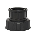 Black plastic pump half union fitting with ribbed knurled locking ring and hollow cylindrical upper connector
