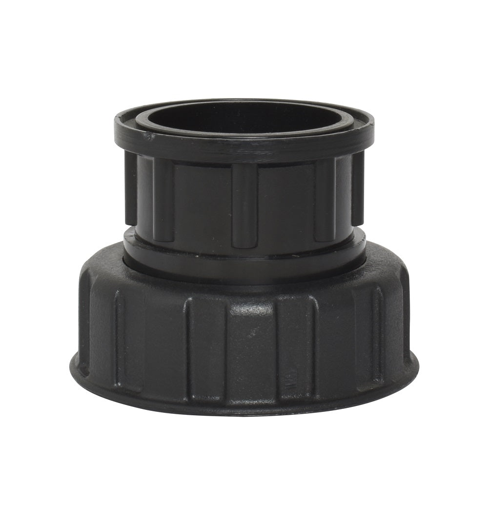 Black plastic pump half union fitting with ribbed knurled locking ring and hollow cylindrical upper connector