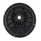 Black plastic pump flange with radial ribbed pattern, central bore, and multiple bolt holes around outer rim