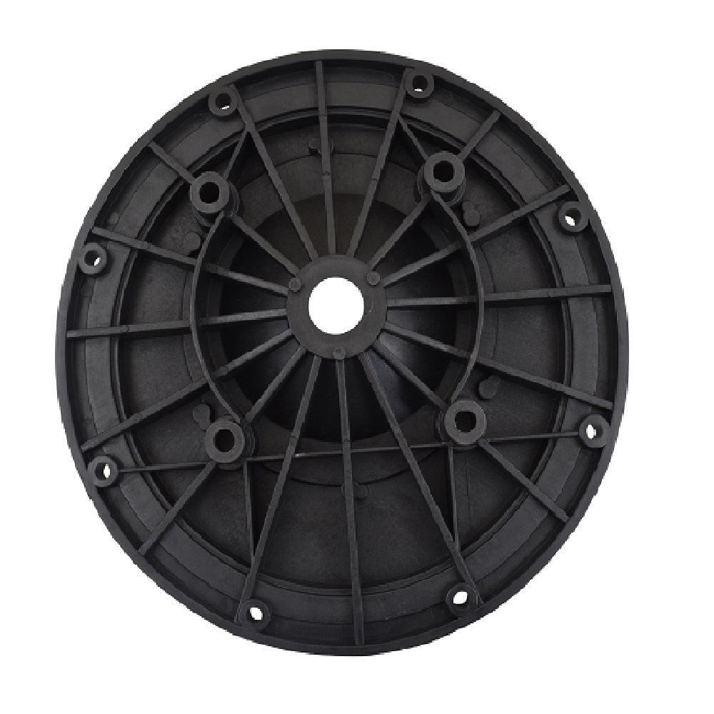 Black plastic pump flange with radial ribbed pattern, central bore, and multiple bolt holes around outer rim