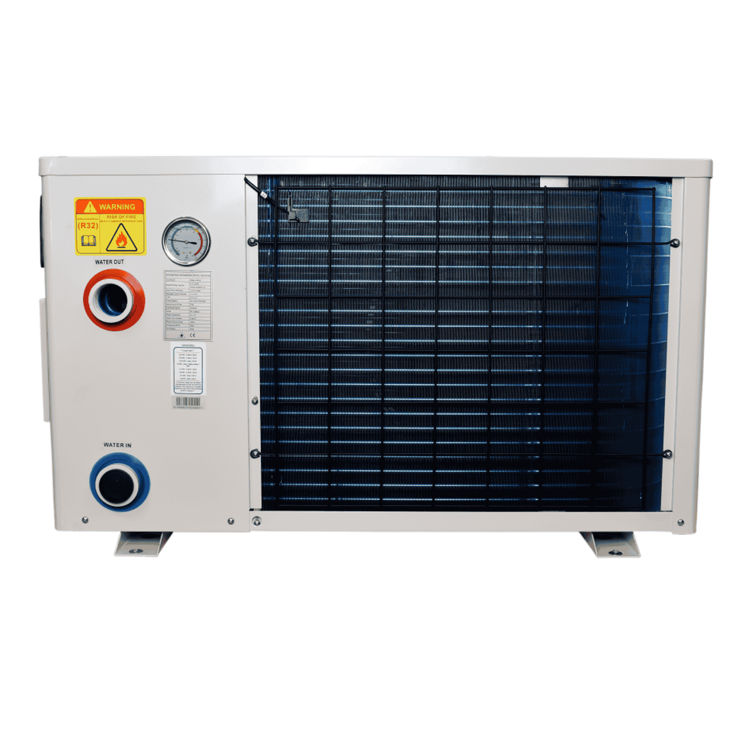 Swimming pool heat pump white metal casing with blue fin condenser, water in/out ports, pressure gauge and R32 warning label