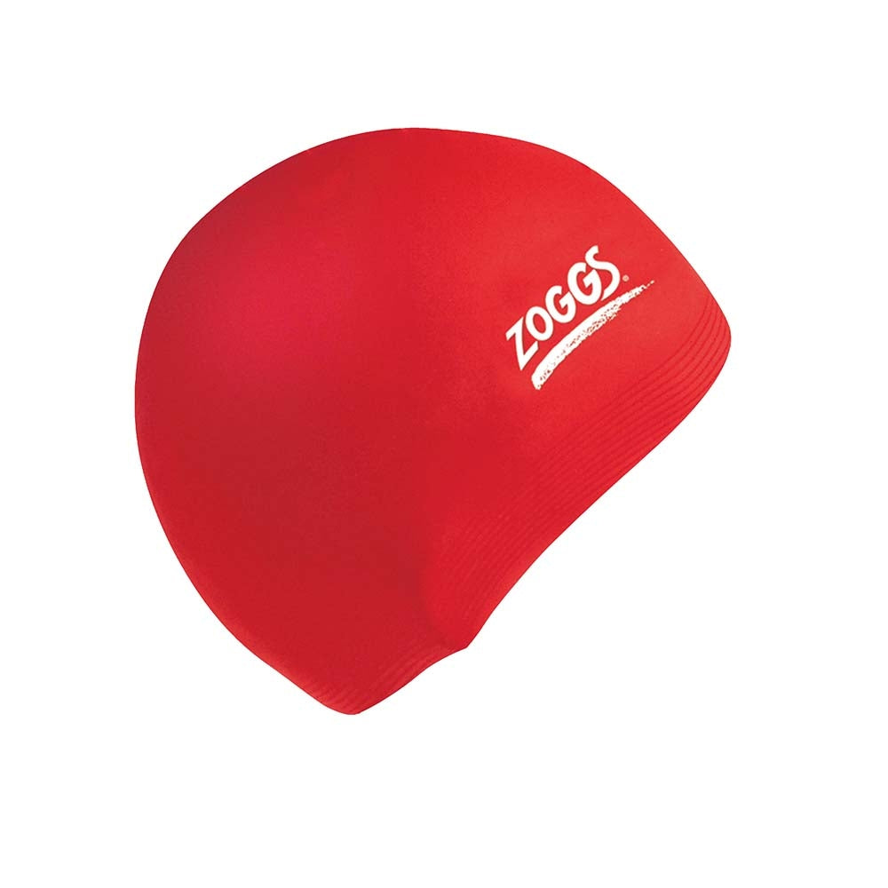 Zoggs Latex Swimming Cap in red with white Zoggs logo, smooth dome shape with ribbed edge, one size fits all