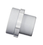 White PVC filter tank adaptor fitting with dual male threaded ends and central hex flange for wrench grip