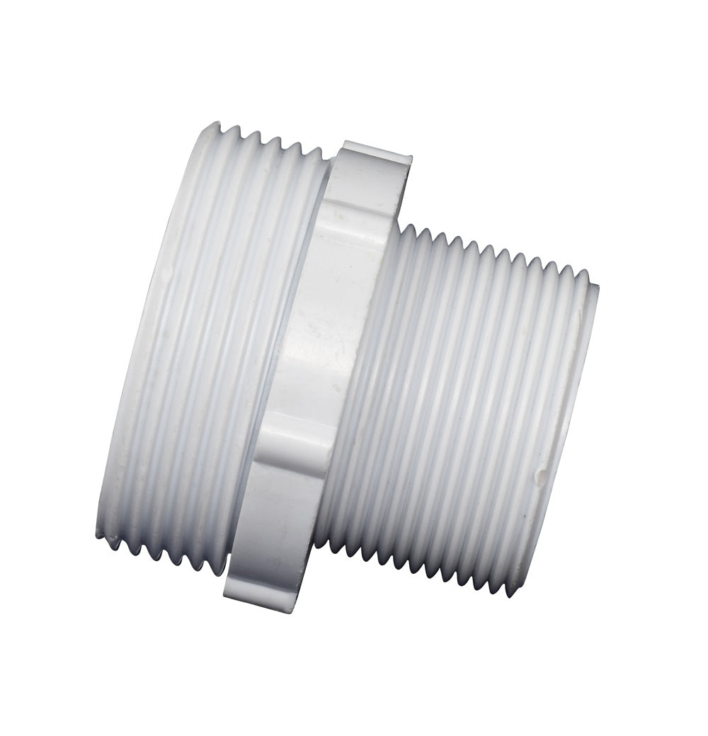 White PVC filter tank adaptor fitting with dual male threaded ends and central hex flange for wrench grip
