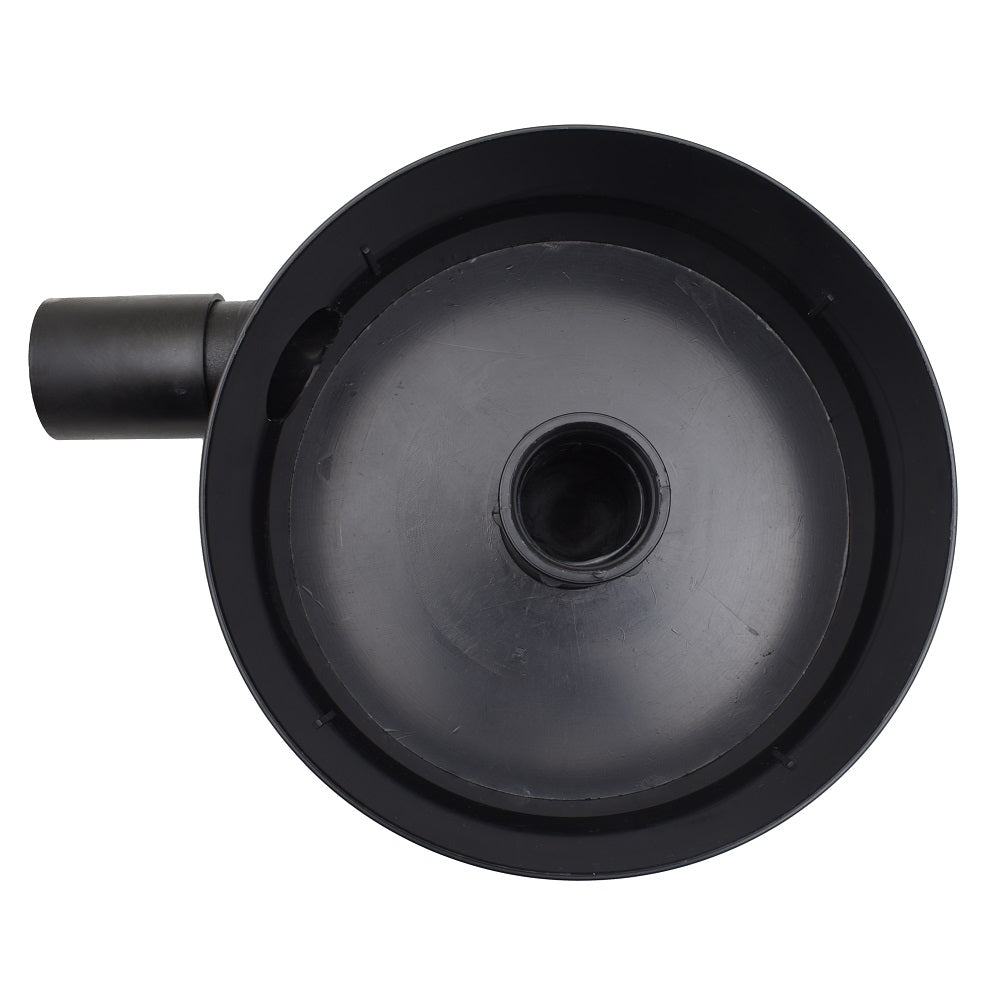 Black plastic koi pond bottom drain with 50mm central outlet and side inlet port, viewed from above