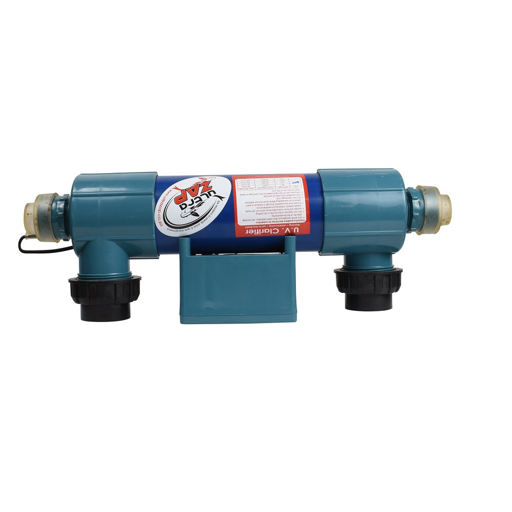 Ultra Zap 15W UV clarifier with teal cylindrical housing, blue and red label, dual black union fittings and mounting bracket