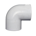 White PVC 90-degree elbow pipe fitting with smooth curved bend and two socket ends, 50mm diameter
