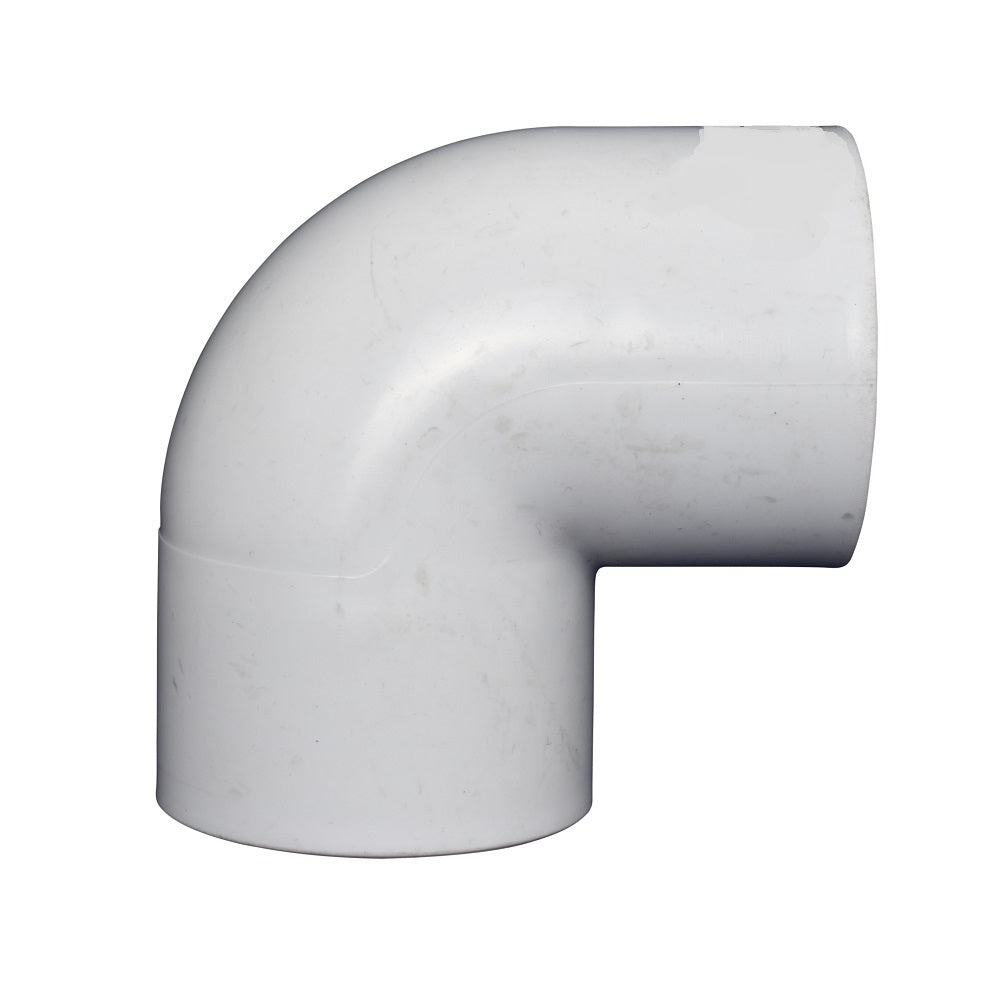 White PVC 90-degree elbow pipe fitting with smooth curved bend and two socket ends, 50mm diameter