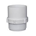 White PVC pipe adapter fitting with male threaded base and smooth slip socket top, 40mm equipment connector