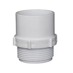 White PVC pipe adapter fitting with male threaded base and smooth slip socket top, 40mm equipment connector