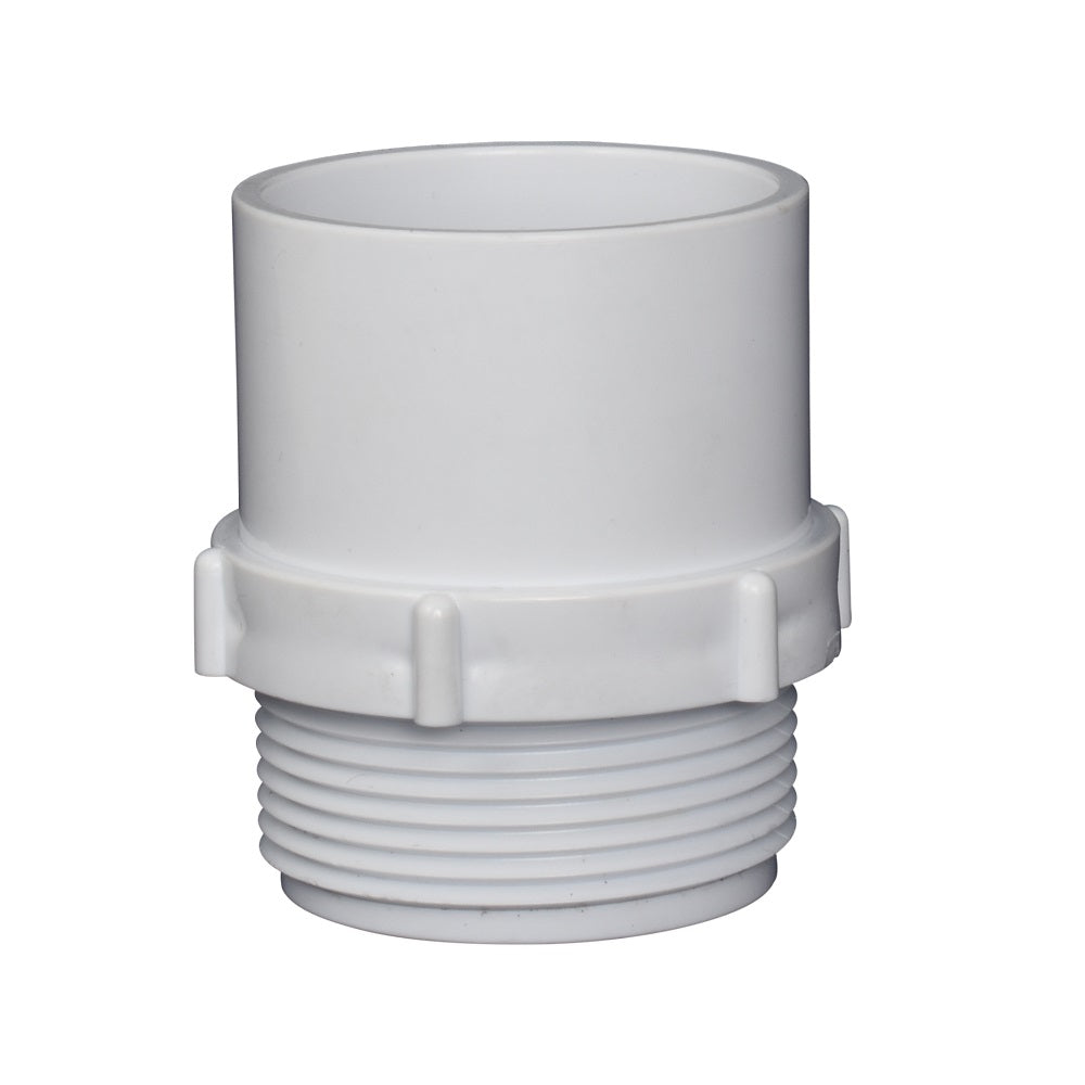 White PVC pipe adapter fitting with male threaded base and smooth slip socket top, 40mm equipment connector