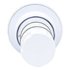 White plastic spa jet inner with concentric circular rings and central rounded cap, rubber seals visible