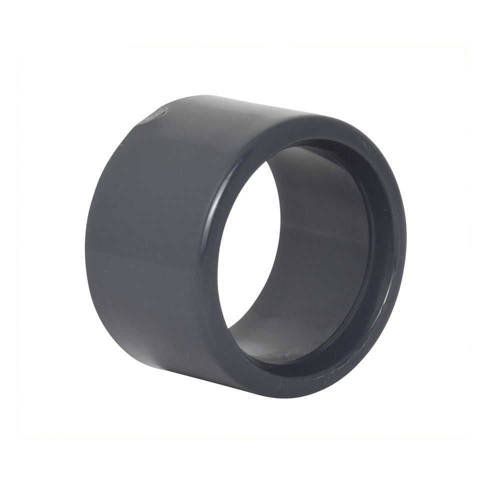 Grey PVC pipe reducer coupling 63mm to 50mm, short barrel style with smooth finish and open ends