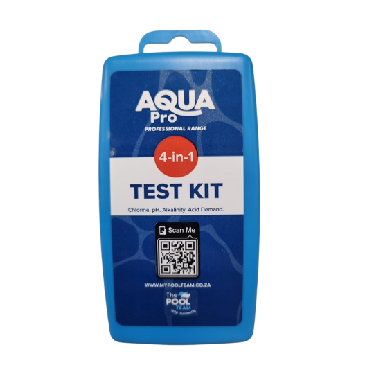 Aqua Pro 4-in-1 Test Kit in blue plastic case, testing chlorine, pH, alkalinity and acid demand