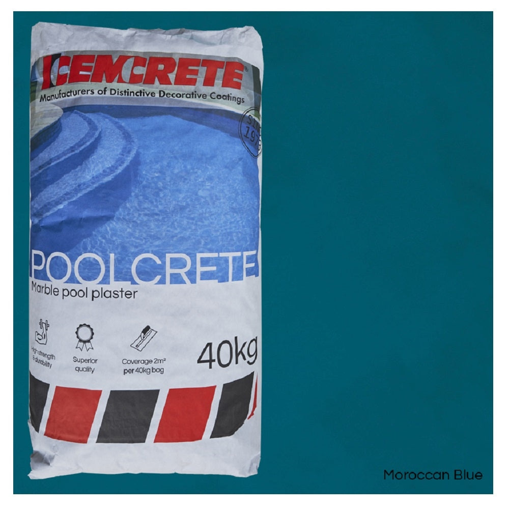 Cemcrete Poolcrete marble pool plaster 40kg bag in Moroccan Blue, shown alongside a teal colour swatch