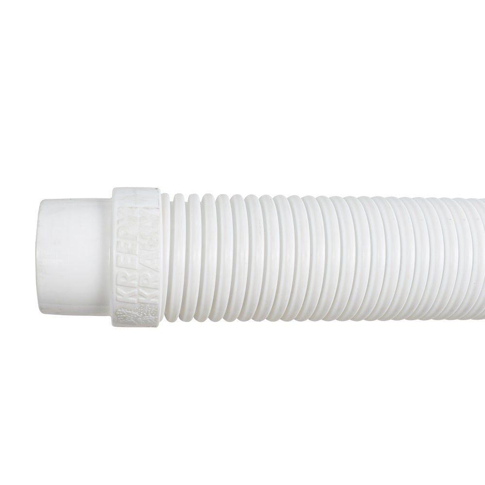 White flexible ribbed pool cleaner hose with threaded connector fitting, Kreepy Krauly branded plastic construction