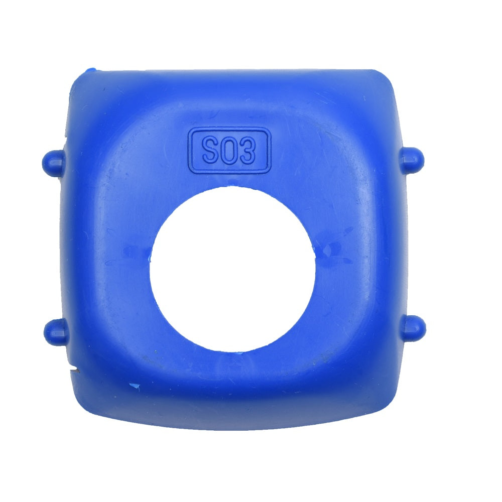 Blue rubber Gemini Hammer Cover with central circular hole, rounded square shape, embossed S03 label and side nubs