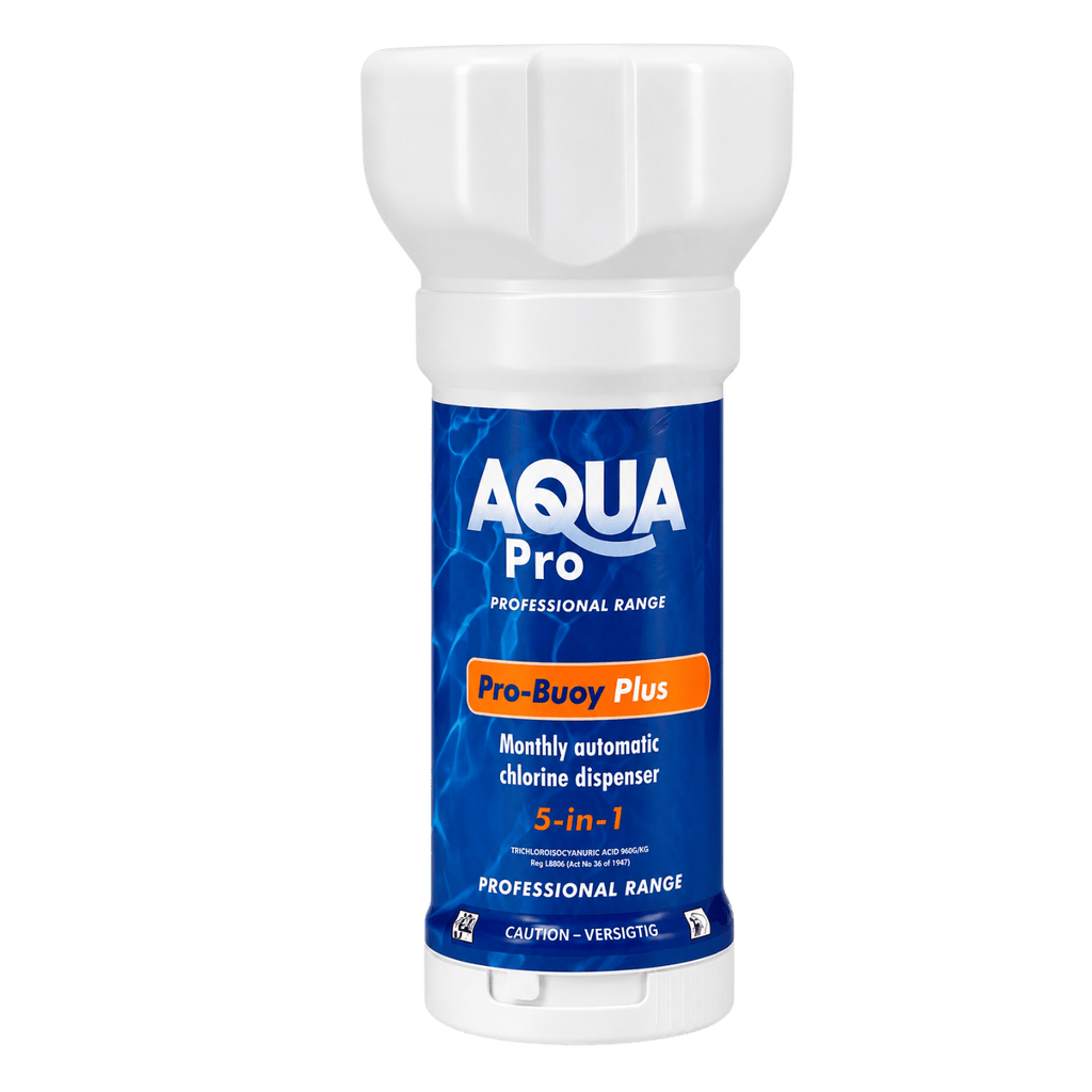 Aqua Pro Pro-Buoy Plus 5-in-1 monthly automatic chlorine dispenser in white plastic floater container with blue label