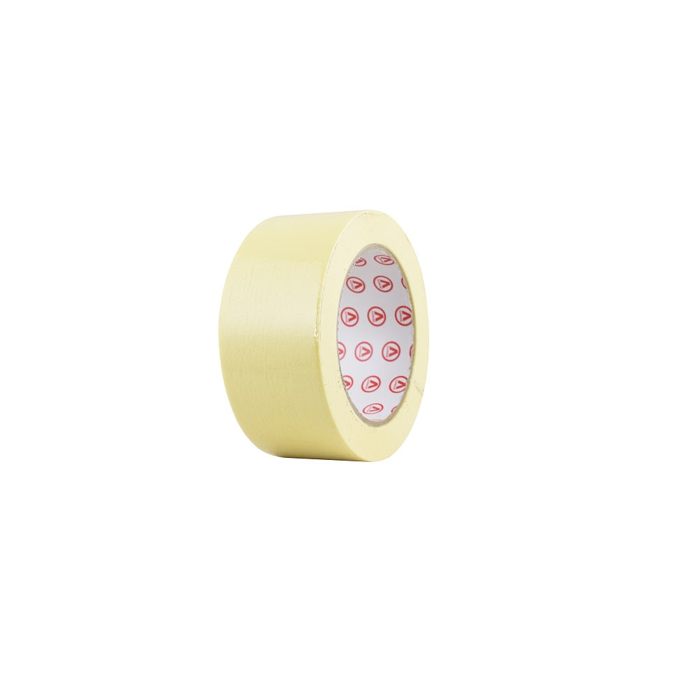 Roll of Aqua Pro Masking Tape 40mm in cream/yellow, with branded red and white inner core, on white background