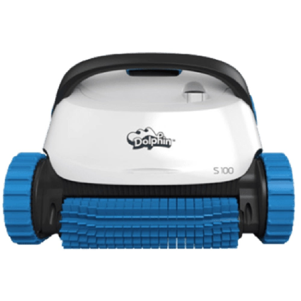 Dolphin S100 robotic pool cleaner in white and black with blue scrubbing brush and drive tracks, front view