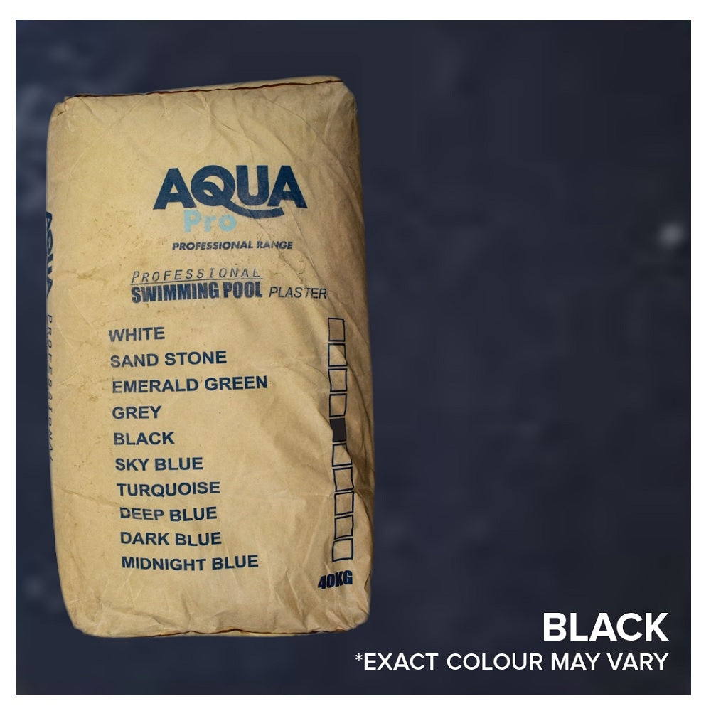 Aqua Pro Professional Swimming Pool Plaster 40kg bag in black, kraft paper sack with colour range printed on front