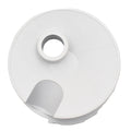 White plastic pool skimmer vac lid with central cylindrical port and semi-circular opening, flat circular disc design