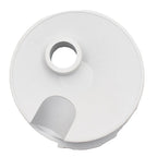 White plastic pool skimmer vac lid with central cylindrical port and semi-circular opening, flat circular disc design