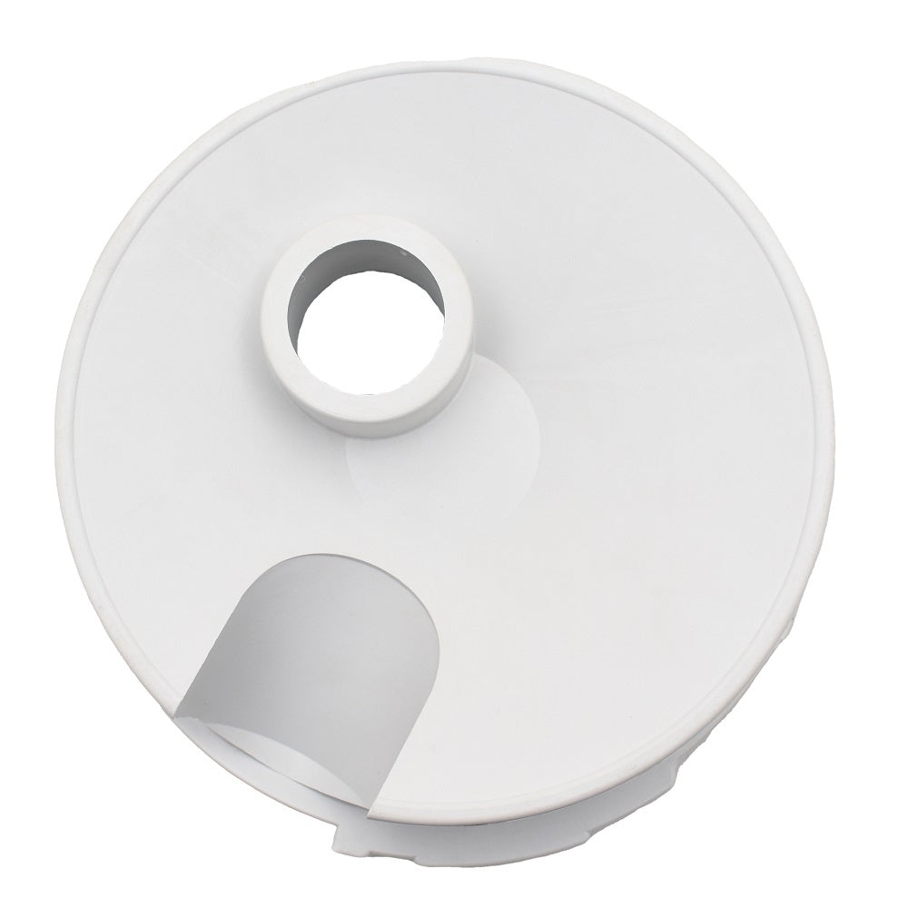 White plastic pool skimmer vac lid with central cylindrical port and semi-circular opening, flat circular disc design