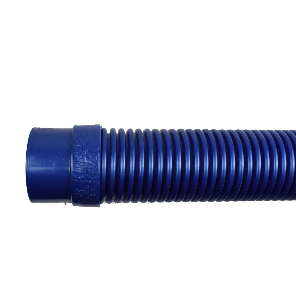Navy blue ribbed pool cleaner hose with moulded Kreepy Krauly connector fitting and corrugated flexible tubing body