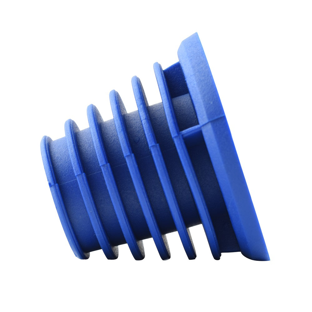Blue plastic weir rubber adaptor with stepped ribbed cylindrical body and flat circular flange end