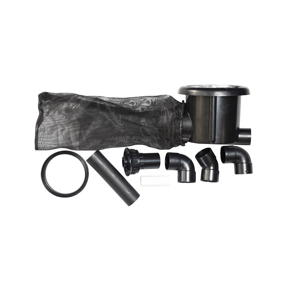 Black Poolskim cut down complete kit with mesh bag, pump housing, elbow fittings, pipe sections and rubber O-ring seal