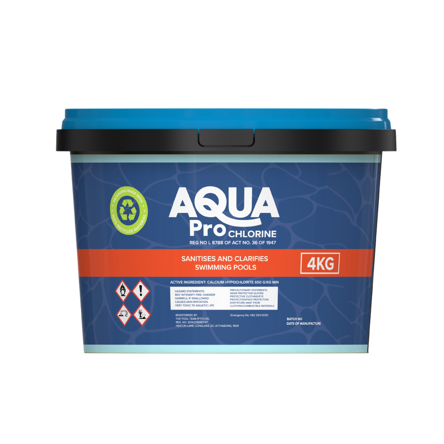 Aqua Pro Chlorine 4kg tub with blue lid and navy label, calcium hypochlorite pool sanitiser in recycled plastic packaging