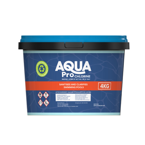 Aqua Pro Chlorine 4kg tub with blue lid and navy label, calcium hypochlorite pool sanitiser in recycled plastic packaging