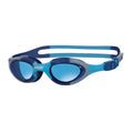 Zoggs Super Seal swim goggles with blue tinted lenses, navy and cyan frame, and adjustable dual head strap