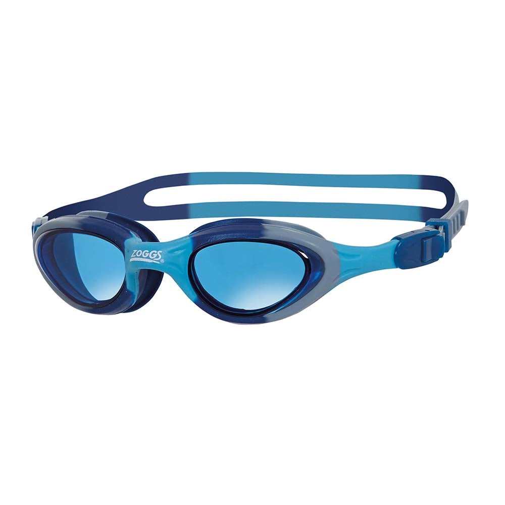 Zoggs Super Seal swim goggles with blue tinted lenses, navy and cyan frame, and adjustable dual head strap