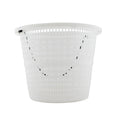 White plastic pool skimmer weir basket with tapered cylindrical shape, perforated lattice sides and black cord handle attachment