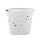 White plastic pool skimmer weir basket with tapered cylindrical shape, perforated lattice sides and black cord handle attachment