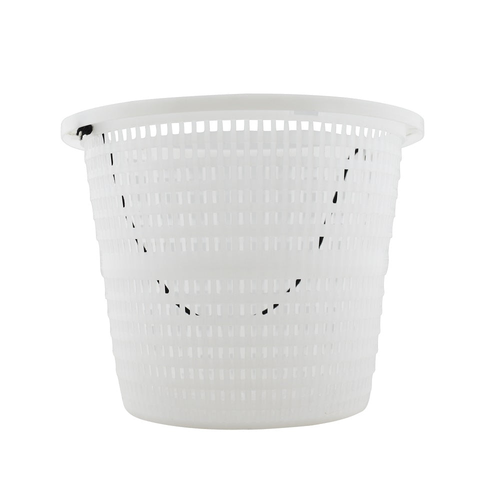White plastic pool skimmer weir basket with tapered cylindrical shape, perforated lattice sides and black cord handle attachment