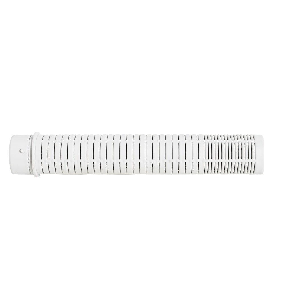 White plastic cylindrical filter finger with horizontal ribbed slotted design and end cap fitting