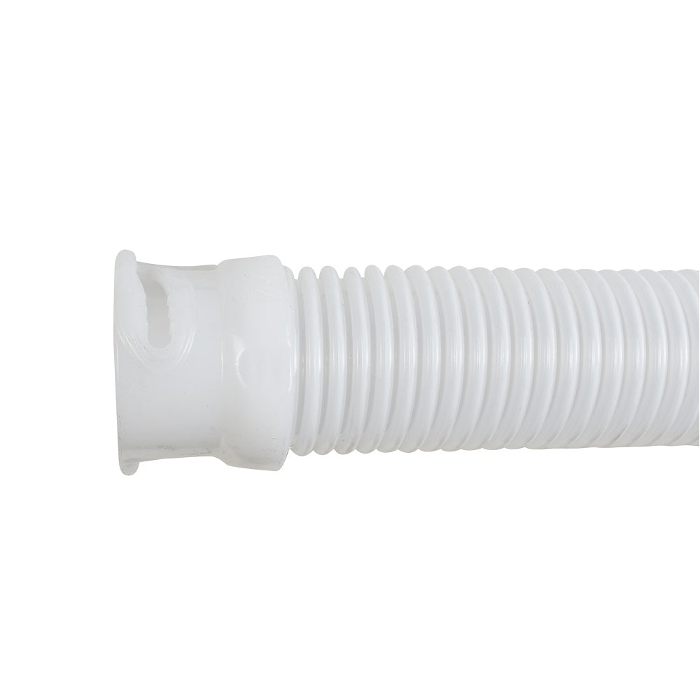 White corrugated pool cleaner hose with twist-lock connector fitting, flexible ribbed plastic tubing