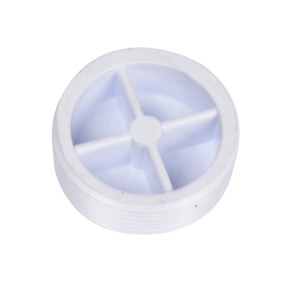 White plastic MPV plug 40mm with cross-ribbed recessed top and external threaded side wall