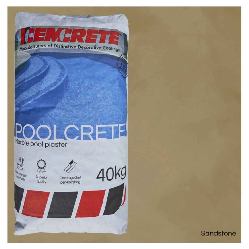 Cemcrete Poolcrete marble pool plaster in Sandstone, 40kg paper bag with red, black and white branding and pool imagery