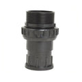 Black plastic pipe union fitting 50mm with male threaded top, ribbed locking collar and flanged base