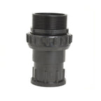 Black plastic pipe union fitting 50mm with male threaded top, ribbed locking collar and flanged base