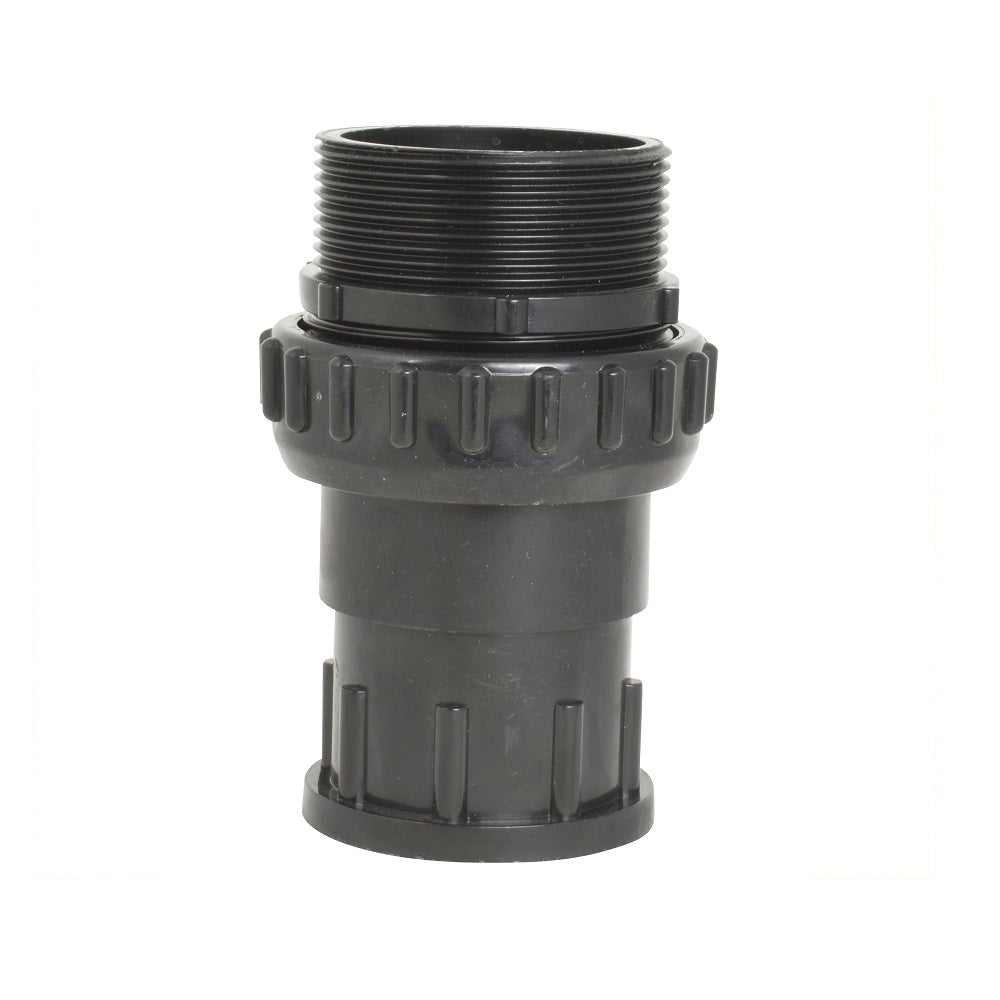 Black plastic pipe union fitting 50mm with male threaded top, ribbed locking collar and flanged base