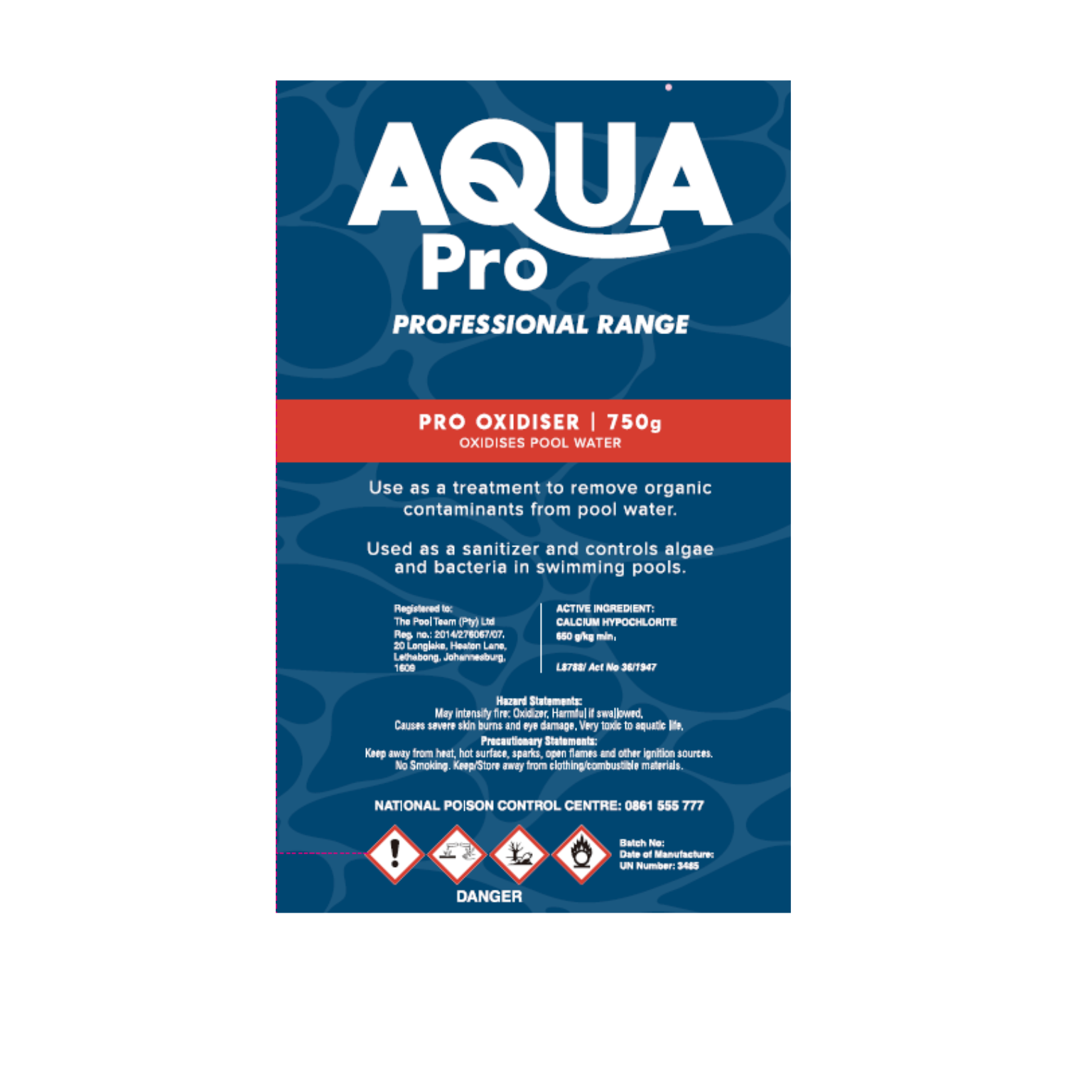 Aqua Pro Professional Range Pro Oxidiser 750g pool chemical packaging, navy blue and red label with hazard symbols
