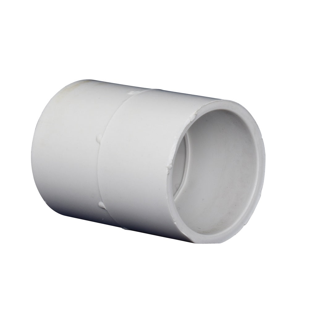White PVC straight coupling connector 32mm with slip socket ends and centre stop ring for pipe joining